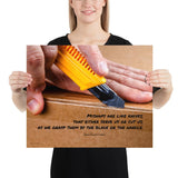 A workplace safety poster showing a close-up of hands opening a box using a boxcutter with a safety quote below the hands.