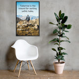 A workplace safety poster showing a man standing on a peak of a mountain with a bright blue sky and mountains behind him with the slogan tomorrow is the reward for working safely today.