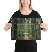 A workplace safety poster of a lush green forest with a footpath cutting directly in the middle winding down the forest with the a safety quote by Joseph Joubert centered on the poster.