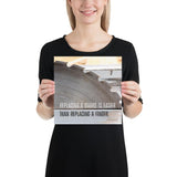A workplace safety poster depicting a close up of a table saw blade in a workshop with a safety slogan on the bottom half of poster.