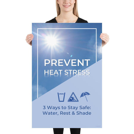 A heat stress safety poster depicting a bright blue sky in the background with text that appears to be reflecting in the hot sun and an infographic portraying water, shade, and rest.