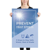 A heat stress safety poster depicting a bright blue sky in the background with text that appears to be reflecting in the hot sun and an infographic portraying water, shade, and rest.