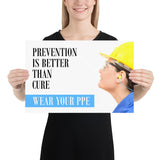 A safety poster showing a close-up of a worker wearing safety glasses, a hard hat, and earplugs with the slogan prevention is better than cure, wear your PPE.