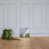 A workplace safety poster showing bright forest scene with a lake and vibrant green trees and a colorful rainbow coming out of the forest with the slogan tomorrow is the reward for working safely today.