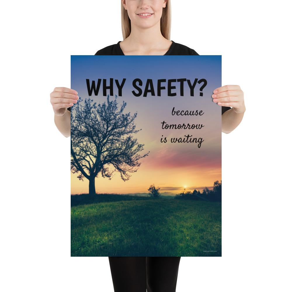 A workplace safety poster showing a giant flourishing tree with the sun setting in the background casting beautiful warm colors over the horizon and silhouetting the tree with the slogan why safety? because tomorrow is waiting.