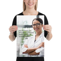 Safety poster showing a woman in a white lab coat and glasses smiling with arms crossed in a laboratory and a safety quote written to the left.
