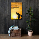 A workplace safety poster showing a construction site and construction workers being silhouetted by a bright and beautiful sunset of different shades of orange with the slogan working safely may get old, but so do those who practice it.