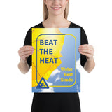 A heat stress safety poster depicting a bright yellow umbrella with a bright blue sky in the background with safety slogan text and an infographic portraying someone resting.