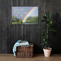A workplace safety poster showing bright forest scene with a lake and vibrant green trees and a colorful rainbow coming out of the forest with the slogan tomorrow is the reward for working safely today.