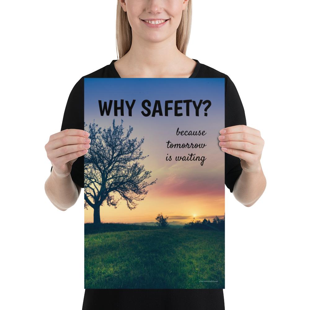 A workplace safety poster showing a giant flourishing tree with the sun setting in the background casting beautiful warm colors over the horizon and silhouetting the tree with the slogan why safety? because tomorrow is waiting.