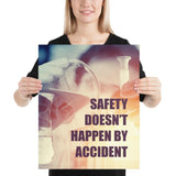 Safety poster showing a close up of 3 hands wearing gloves holding glass beakers and a safety slogan written in bottom right corner.