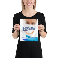Safety poster showing a close up of a woman's face wearing safety glasses and a white face mask, holding a petri dish and pipette with a safety quote written in blue text.
