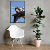 A workplace safety poster showing a construction ironworker on steel beams in a hardhat and safety harness with a bright blue sky in the background with the slogan safety is the mirror reflecting the quality of your work.