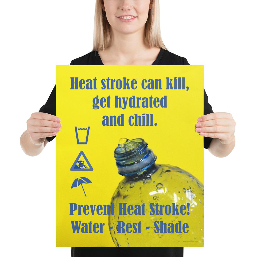 A neon yellow heat stress safety poster with bright blue text and infographics all around a close up of an opening of a water bottle.