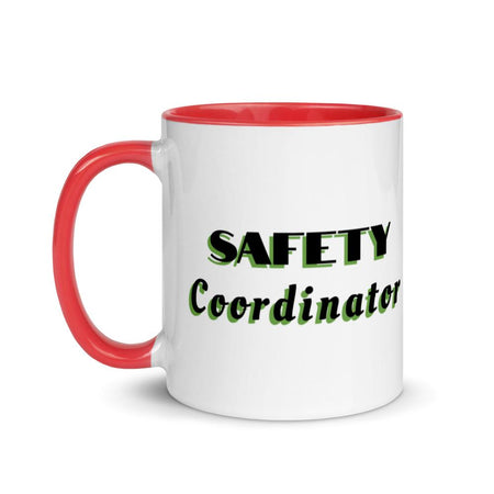 White ceramic mug with "Safety Coordinator" in bold text across the side, with red color on the inside, the rim, and the handle.