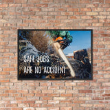 A safety poster showing a close-up a chainsaw sawing into a log of wood with sawdust flying everywhere and the slogan safe jobs are no accident.