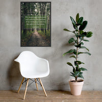 A workplace safety poster of a lush green forest with a footpath cutting directly in the middle winding down the forest with the a safety quote by Joseph Joubert centered on the poster.