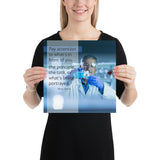Safety poster showing an older man wearing a white lab coat, gloves, and safety glasses, working in a laboratory with a safety quote to his left.