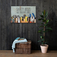 A safety poster showing various tools including screwdrivers, pliers, and wrenches laying on a worktable with the slogan safety rules are your best tools.
