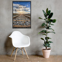 A workplace safety poster depicting old railroad tracks leading into a cloudy horizon with the text safety is a continuing journey, not a final destination.