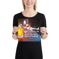 A workplace safety poster depicting a bright orange construction traffic light in the foreground of a blurry nighttime cityscape with a safety quote by William Blake.