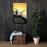 A construction safety poster showing the silhouette of a construction worker working on a building with a bright yellow sunset in the background and a safety slogan in the bottom left corner.