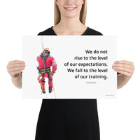 A safety poster showing a worker performing a controlled descent while wearing a fall protection harness on a bright white background with a quote from Archilochus to the right.