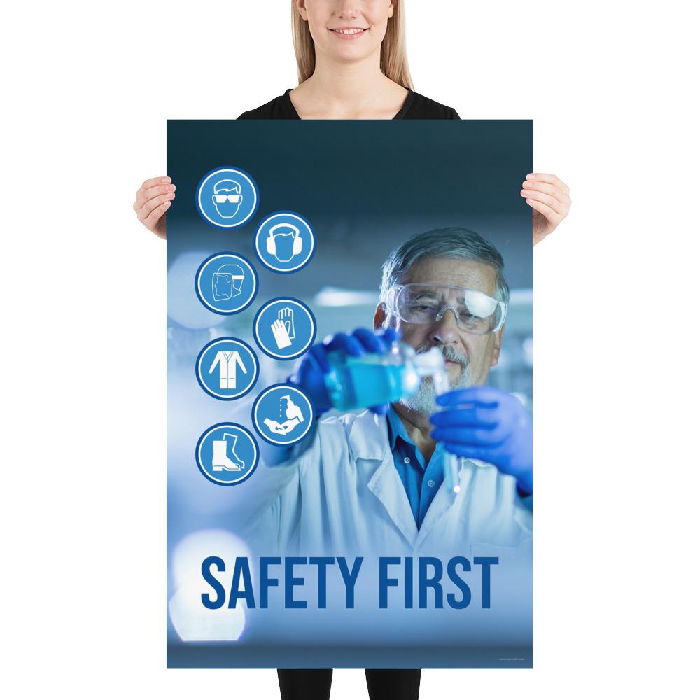 A safety poster showing a lab worker in a white coat and safety glasses conducting an experiment with infographic icons of PPE to the side and the slogan safety first.