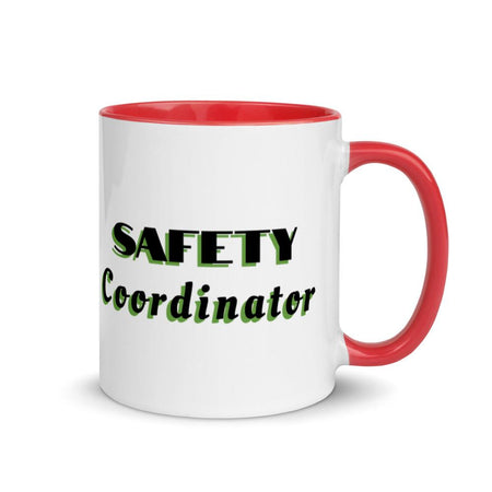 White ceramic mug with "Safety Coordinator" in bold text across the side, with red color on the inside, the rim, and the handle.