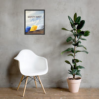 A workplace safety poster showing a white, a yellow, and a blue hardhat sitting on a wall with the slogan safety first, safety always.