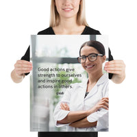 Safety poster showing a woman in a white lab coat and glasses smiling with arms crossed in a laboratory and a safety quote written to the left.