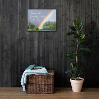 A workplace safety poster showing bright forest scene with a lake and vibrant green trees and a colorful rainbow coming out of the forest with the slogan tomorrow is the reward for working safely today.