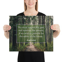 A workplace safety poster of a lush green forest with a footpath cutting directly in the middle winding down the forest with the a safety quote by Joseph Joubert centered on the poster.