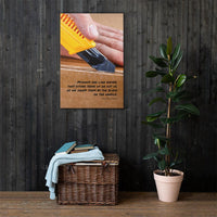 A workplace safety poster showing a close-up of hands opening a box using a boxcutter with a safety quote below the hands.