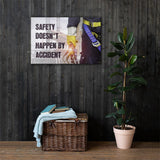 Safety poster that shows a construction worker wearing fall protection equipment with bridge in the background and a safety slogan in bold letters.