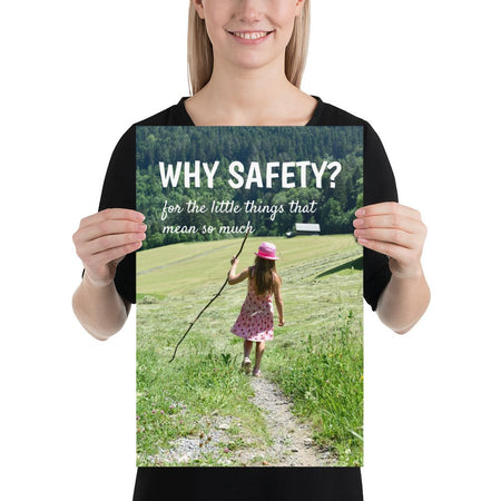 A workplace safety poster showing a hillside landscape in the country with a quaint house in the background and a little girl in a cute pink hat and dress playing with a large stick with the slogan why safety? for the little things that mean so much.