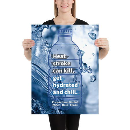 A heat stress safety poster with an outline of a water bottle and and an image of water splashes in the background with safety slogan text inside the water bottle.