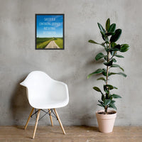 A workplace safety poster depicting a beautiful sunny day with a bright blue sky and a lush green field being cut down the middle by a dirt road leading off into the countryside with the text safety is a continuing journey, not a final destination.