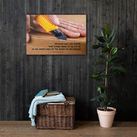 A workplace safety poster showing a close-up of hands opening a box using a boxcutter with a safety quote below the hands.