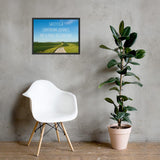 A workplace safety poster depicting a beautiful sunny day with a bright blue sky and a lush green field being cut down the middle by a dirt road leading off into the countryside with the text safety is a continuing journey, not a final destination.