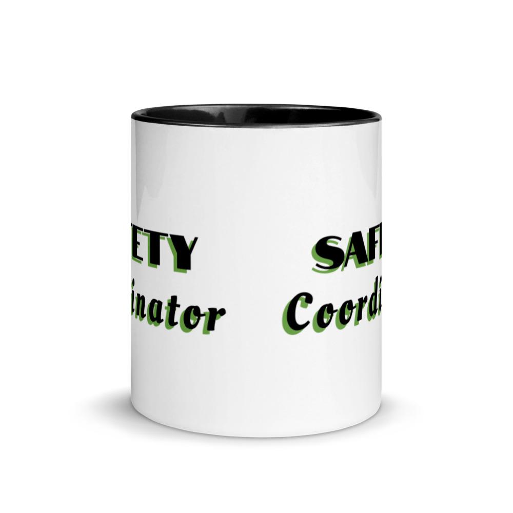 White ceramic mug with "Safety Coordinator" in bold text across the side, with black color on the inside, the rim, and the handle.