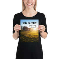 A workplace safety poster showing an old house on a large green yard with many trees, and the sun setting in the background casting light over all of the trees with the slogan why safety? for the gift of tomorrow.