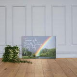 A workplace safety poster showing bright forest scene with a lake and vibrant green trees and a colorful rainbow coming out of the forest with the slogan tomorrow is the reward for working safely today.
