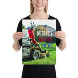 A workplace safety poster showing a man mowing a lawn on a sitting mower with the words quality, safety, pride in white, red, and blue, respectively.