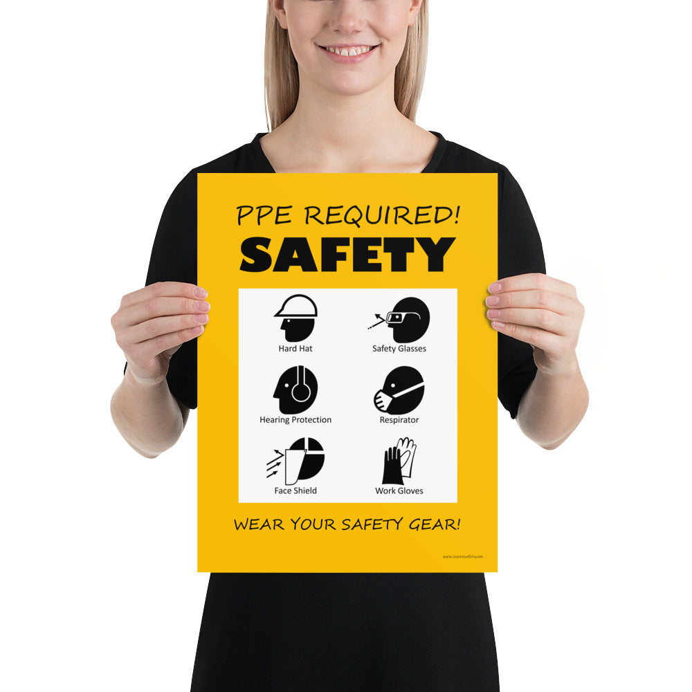 A safety poster that says "PPE Required! Safety, Wear Your Safety Gear!" with infographic icons on a bright yellow background.