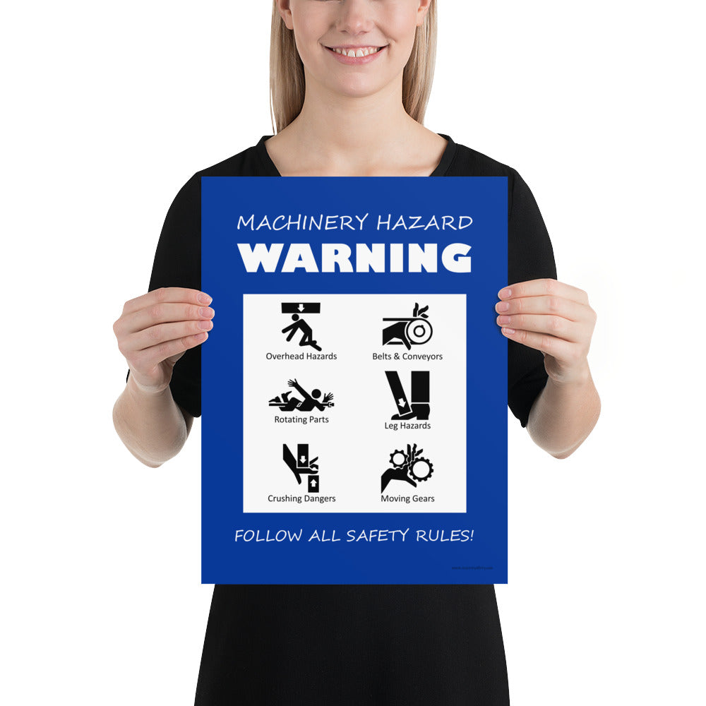 A blue machinery hazard warning sign with infographics of 6 various possible injuries.