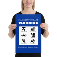 A blue machinery hazard warning sign with infographics of 6 various possible injuries.