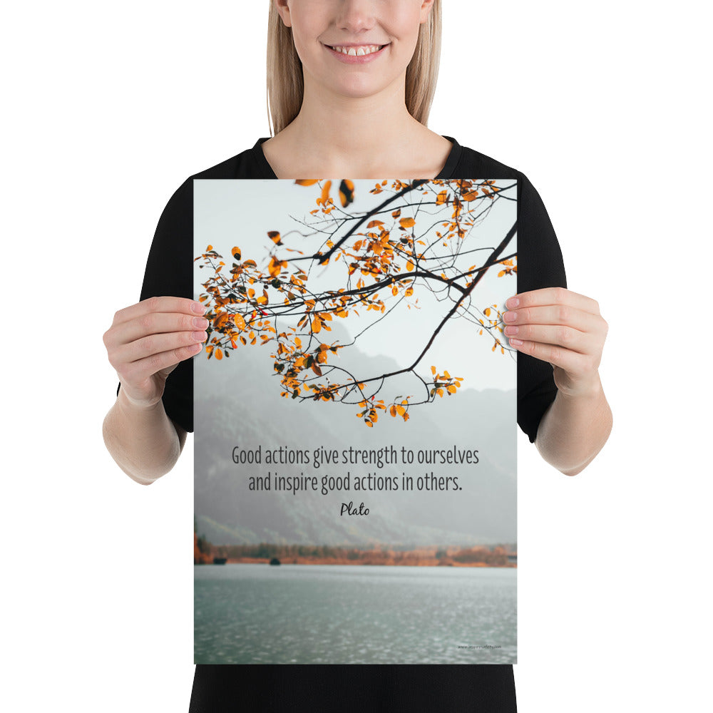 A workplace safety poster showing a serene mountain scene with a lake in the background and a fall branch in the foreground with a quote by Plato that says "Good actions give strength to ourselves and inspire good actions in others."