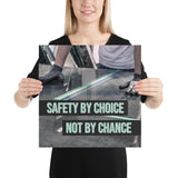 A workplace safety poster showing a close-up of a worker's hands grabbing panes of glass with gloves on with the slogan safety by choice not by chance.