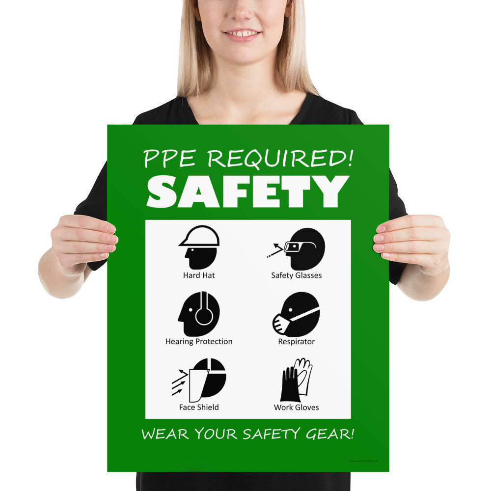 A safety poster that says "PPE Required! Safety, Wear Your Safety Gear!" with infographic icons on a green background.